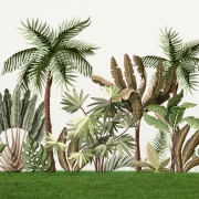 Mural pintado a mano con diseño de plantas exoticas y vegetacion
